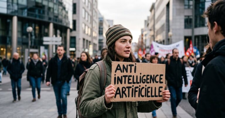 Anti intelligence artificielle : un homme résiste face à un écran dominé par des algorithmes d'IA