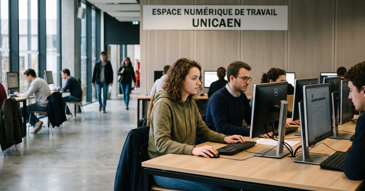Étudiant utilisant l'espace numérique de travail Unicaen sur ordinateur portable en bibliothèque universitaire