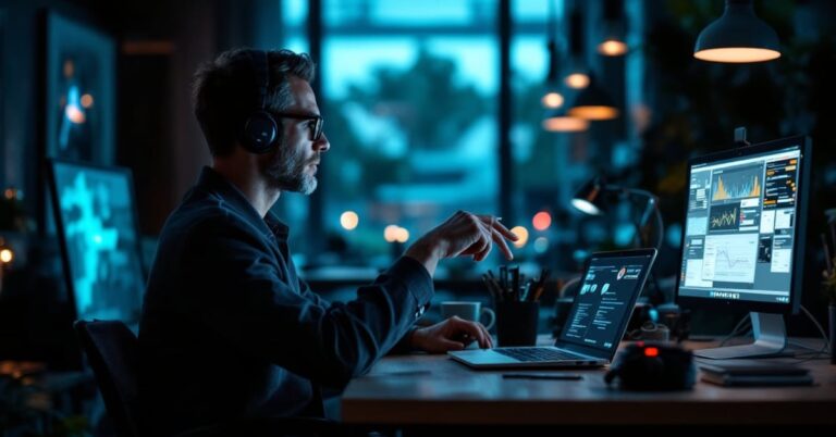 Générateur intelligence artificielle : interface moderne d'IA sur écran lumineux dans un bureau contemporain