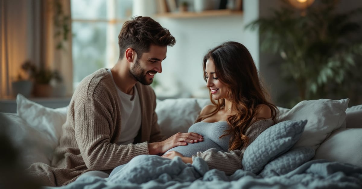 Femme enceinte sereine avant sa première échographie, observant les signes d'une grossesse qui se passe bien